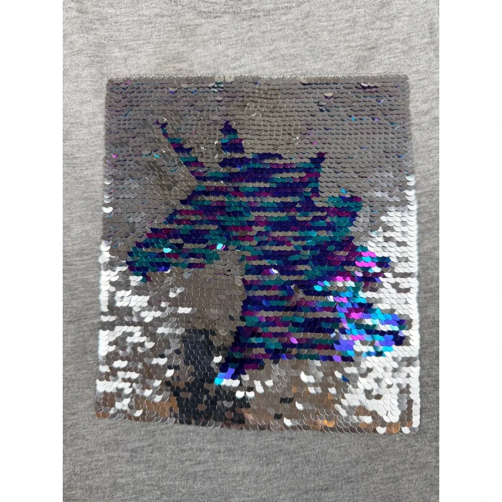 So Unicorn Graphic Tee Kids Size M (8) Gray‎ Reversible Sequin Split Back Hem